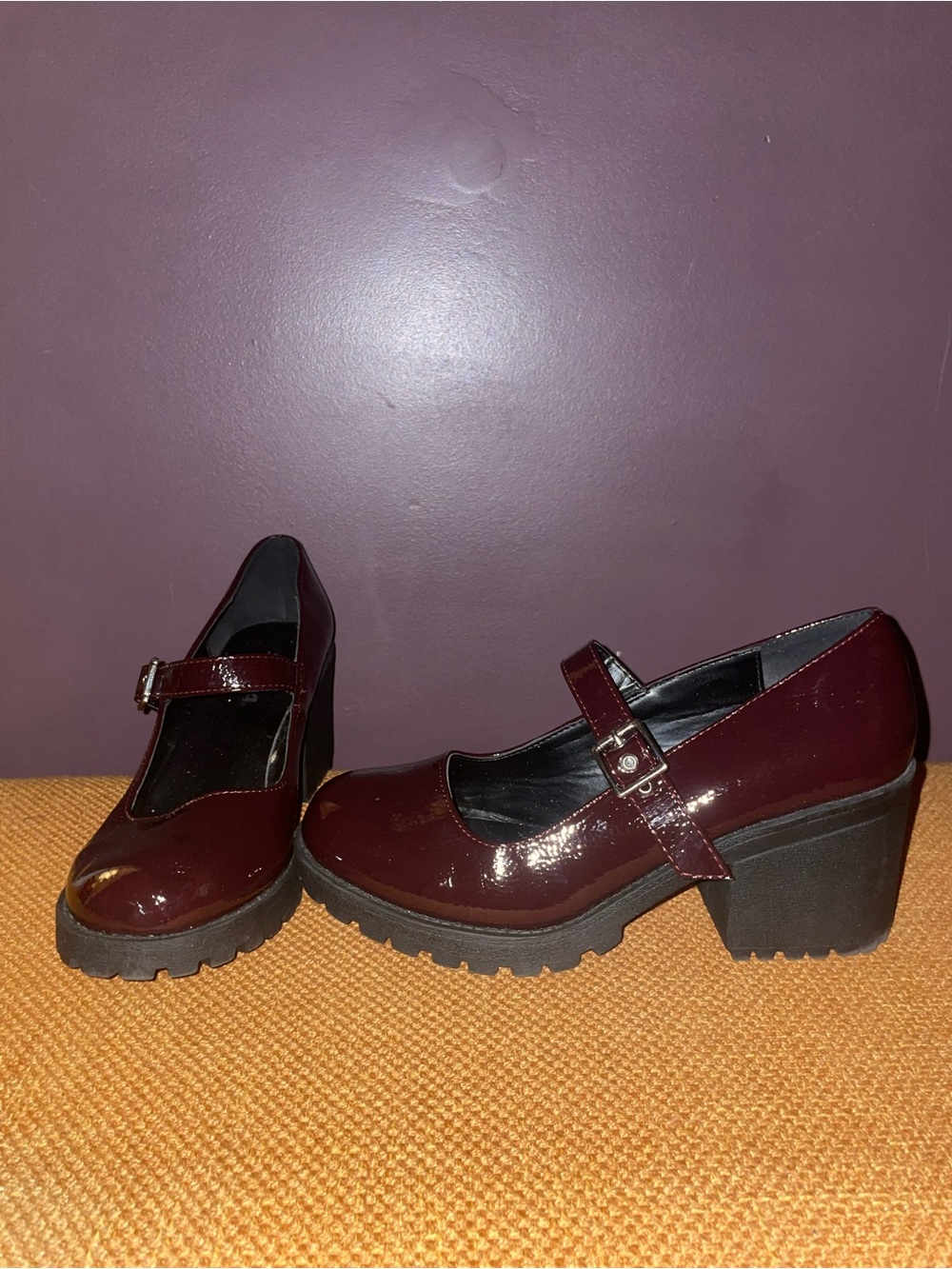 Soda Burgundy Patent Mary Jane Chunky Heels